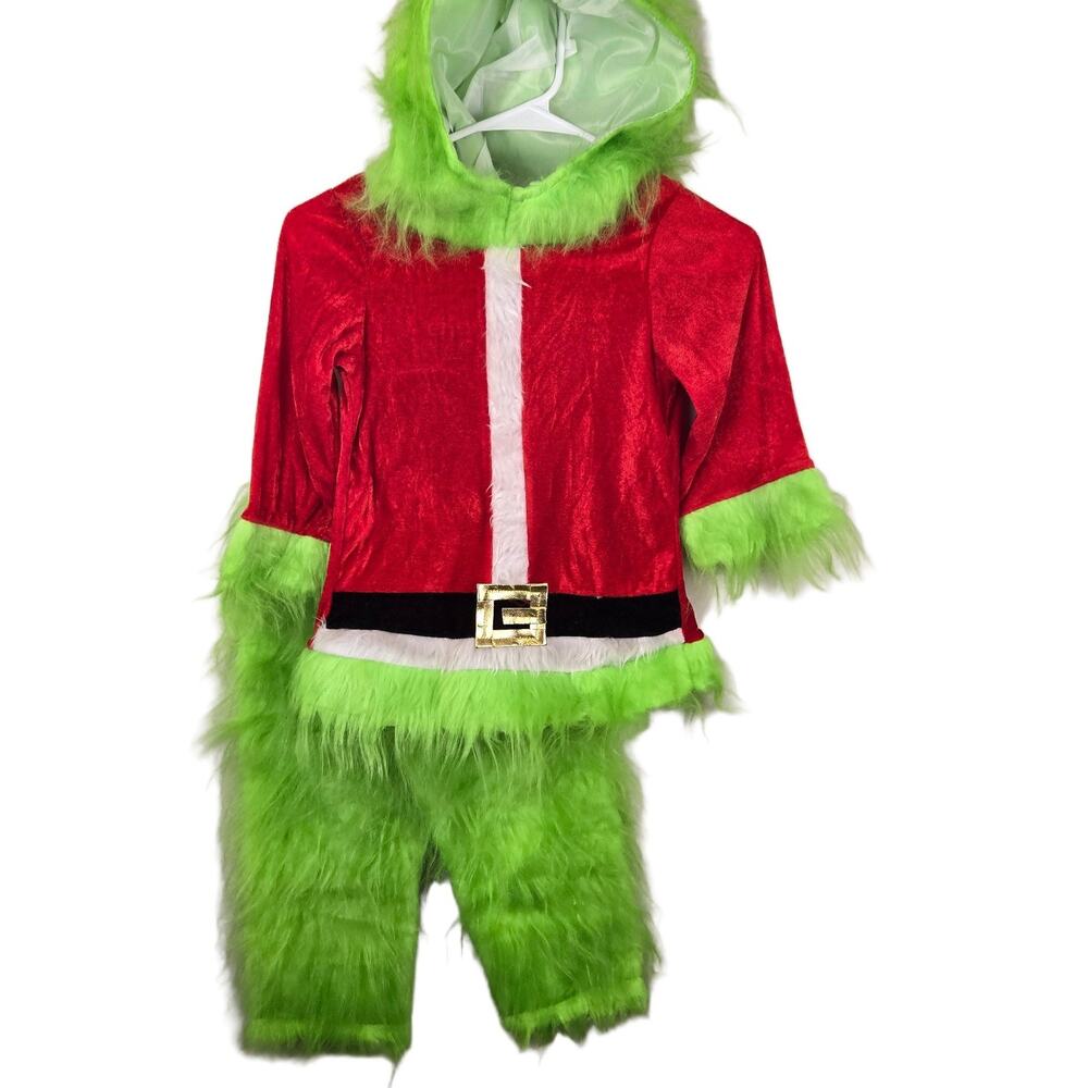 GRINCH Children Costume Girls M Hooded Green Fur Trim Top Pants Halloween